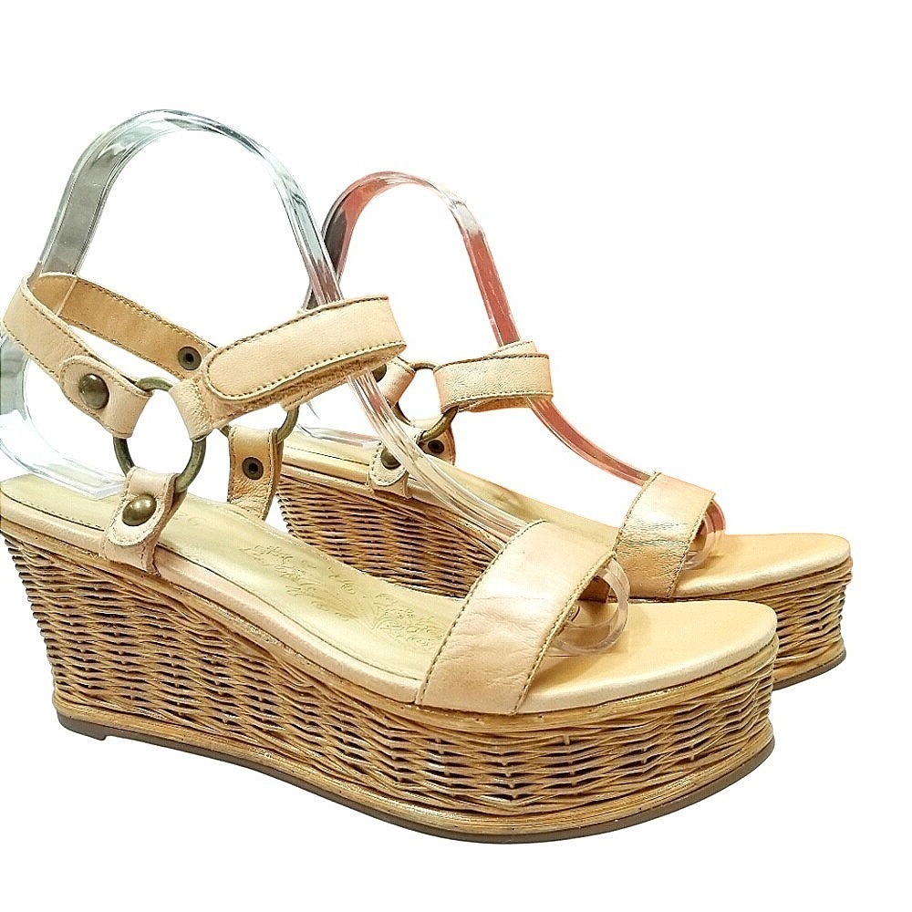 Matisse Picnic Tan Leather Woven Wicker Platform Wedge Sandals Women's Size 8M‎
